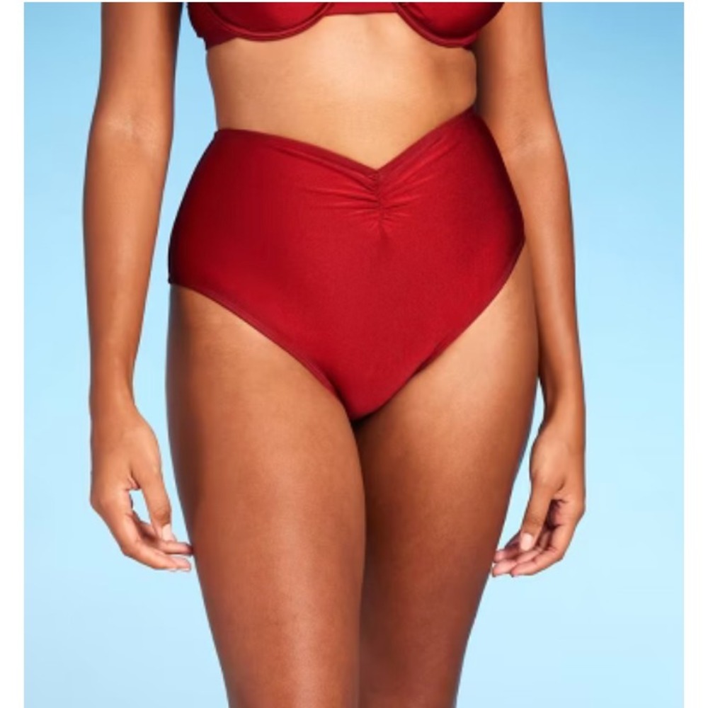 Shade & Shore High Waist Shirred Front Bikini Bottom Women Medium (8-10) Red NWT